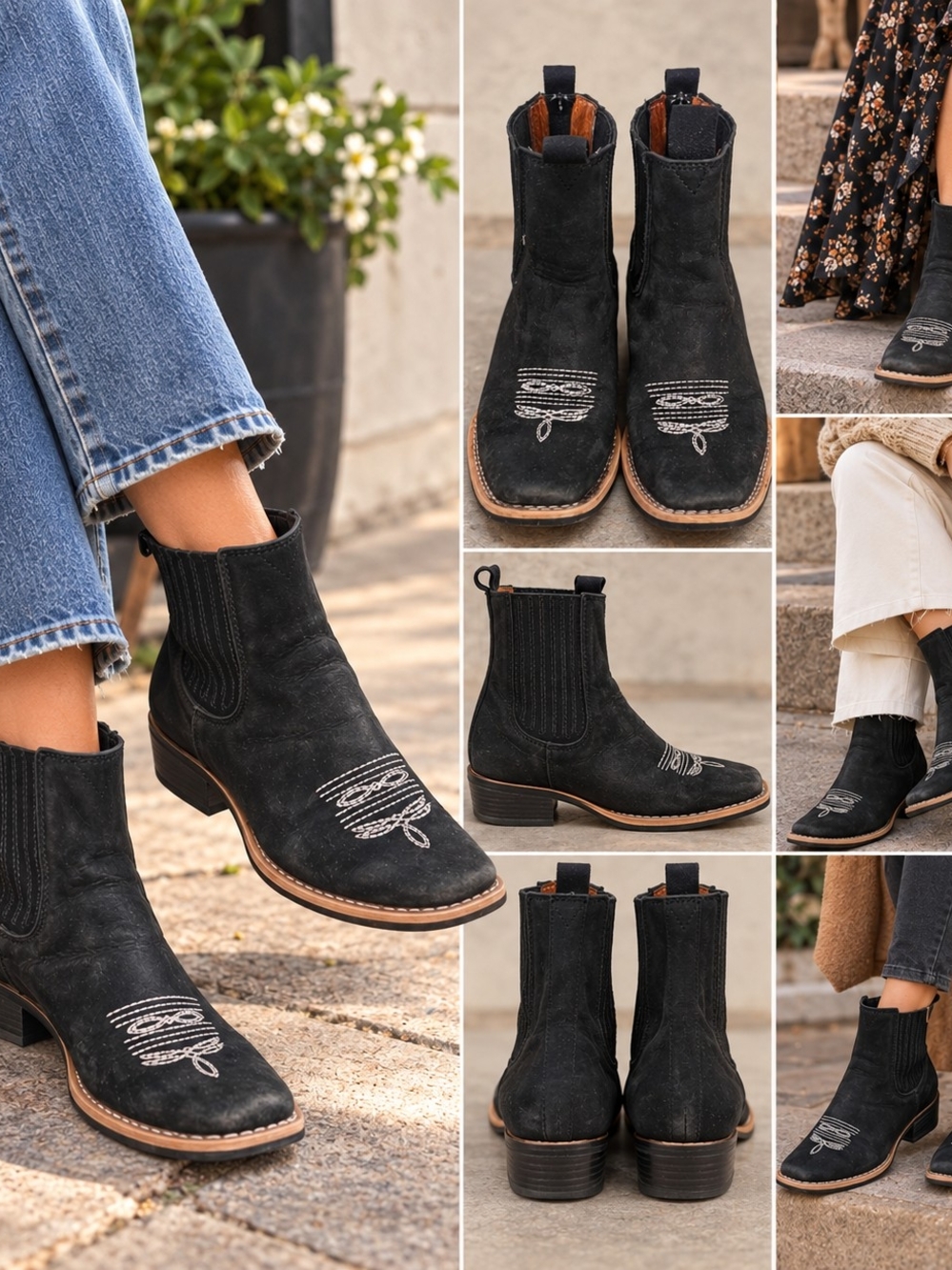 Vintage Black Genuine Suede Leather Square Toe Western Boots Women’s 5